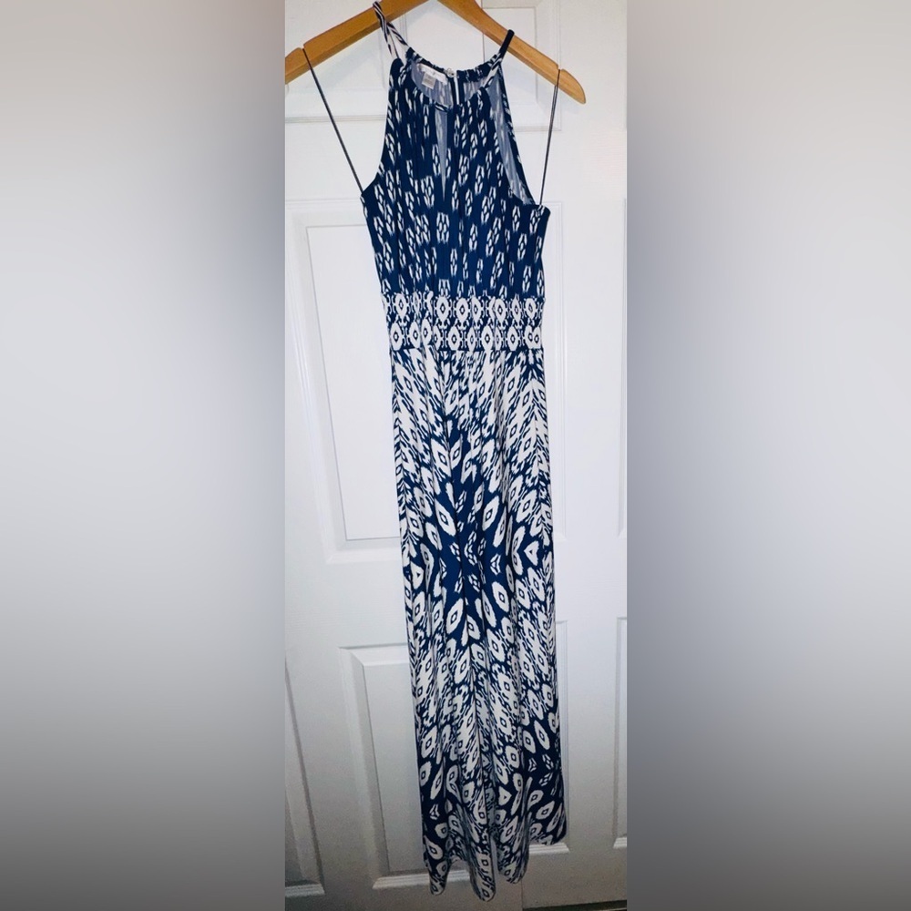 London Times Blue & White Ikat Maxi Dress | Size 6 | Halter Neck